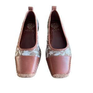 Vince Camuto Women Espadrille Flats Embroidered Floral Square Toe Tan Brown 6.5